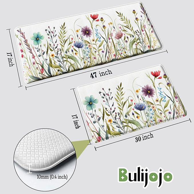Bulijojo Wildflower Floral Anti Fatigue Kitchen Floor Mats Set of 2 Waterproof Kitchen Sink Runner Rug Standing Mat Cushioned Kitchen Rugs Comfort Doormat 17"x47"+17" x30“