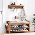 PETKABOO 31.5" Shoe Bench with Coat Rack Hidden Drawer and Side Holder, 2 Tier Entryway Bench with Storage 39.4 in, Bamboo Shoe Rack with Cushion for Entryway Hallway Living Room Bedroom