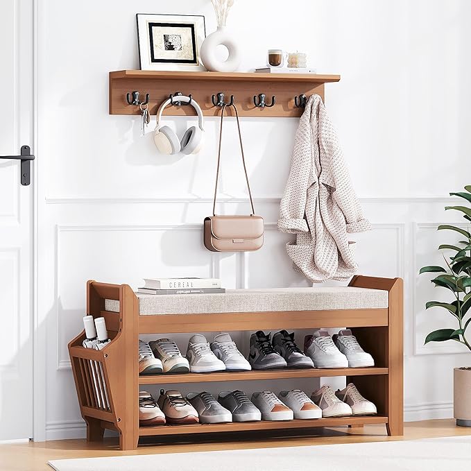 PETKABOO 31.5" Shoe Bench with Coat Rack Hidden Drawer and Side Holder, 2 Tier Entryway Bench with Storage 39.4 in, Bamboo Shoe Rack with Cushion for Entryway Hallway Living Room Bedroom