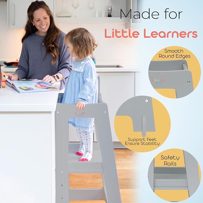 Stepup Baby Toddler Standing Tower - 3 Level Adjustable Wooden Kitchen Step Stool, Bathroom Sink, Kitchen Counter, Kids 18 Months to 4 Years Gift - Gray