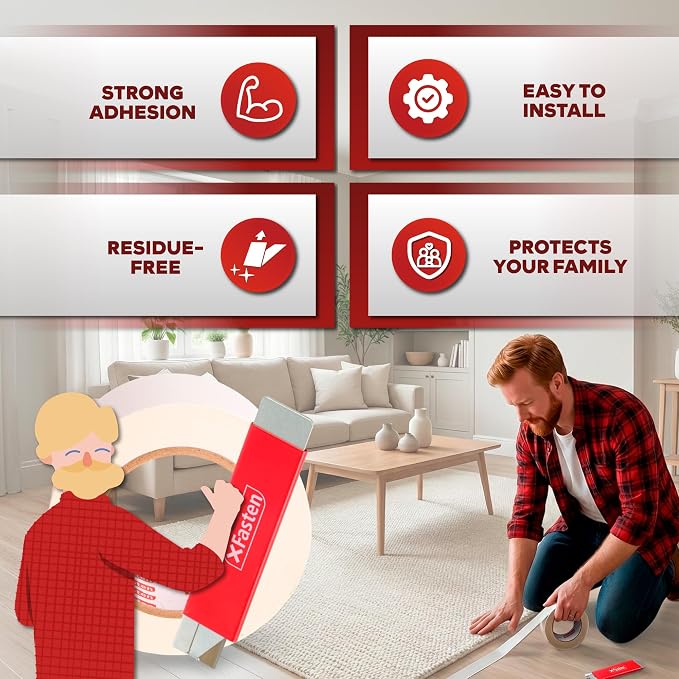 XFasten Double Sided Carpet Tape for Area Rugs 2 Inch x 30 Yards w/Mini Cutter, Residue-Free Carpet Tiles Tape, Heavy-Duty Rug Pad Gripper for Hardwood, Vinyl Flooring Underlayments, Laminate