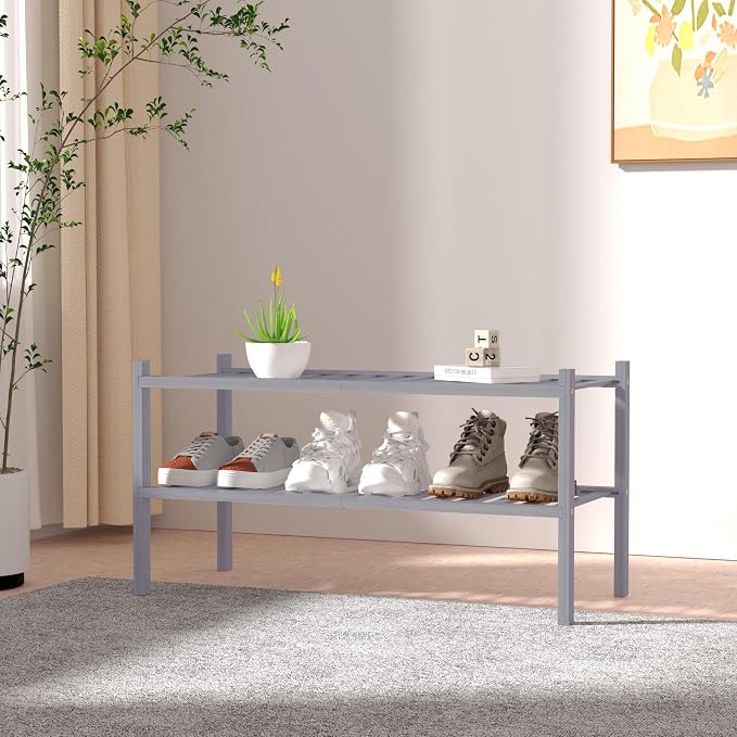 ROMGUAR CRAFT 2 Tier Bamboo Shoe Rack for Closet Free Standing Wood Shoe Shelf for Entryway Small Space Stackable 27"x11"x13" (Grey)