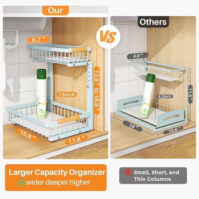 PXRACK Under Sink Organizer, Adjustable Height, 2 Tier Pull Out Under Cabinet Organizer, Slide Out Thickened Metal Under Sink Storage for Kitchen Bathroom Laundry Pantry Cabinet, Blue, Large-2-Pack