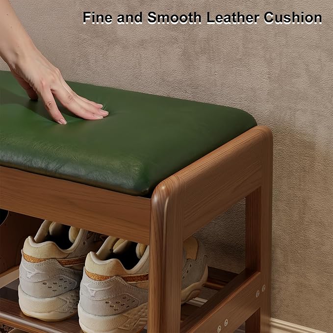 AQIMUELE Shoe Rack Bench,2 Tiers Shoe Bench with Storage with Flip-Top,Wood Shoe Rack for Entryway,Hallway（Green Upholstered Seat,11.8" D x 39.3" W x 15.7" H）