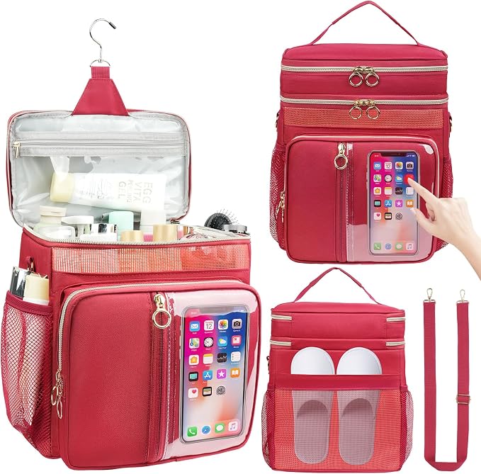Portable Shower Caddy College Dorm Essentials, Large Toiletry Bag for Women Men, 2 Layers Quickly Dry Mesh Bathroom Tote Bag, Hanging Makeup Organizer Bag for Travel, Gym, Camping (Wine Red)