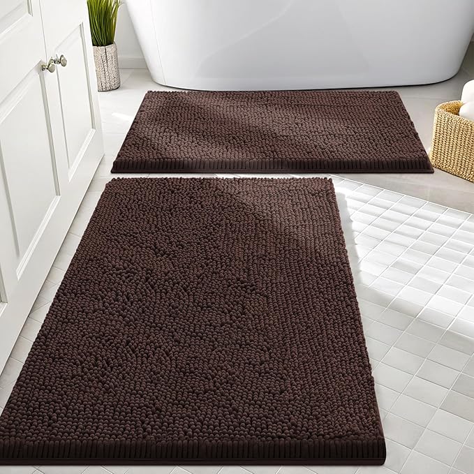 Smiry Bathroom Rugs Sets 2 Piece, Soft Absorbent Chenille Machine Washable Non Slip Shaggy Bath Rug Set for Tub, Shower, and Floor (30x20+24x16, Brown)