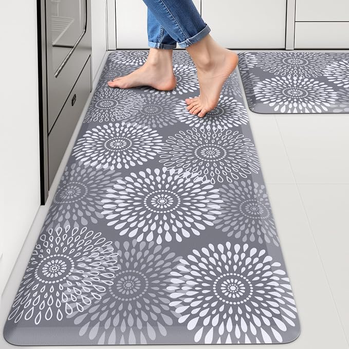 LuxStep Kitchen Mats for Floor,0.47 inch Thicker Cushioned Rug Anti-Fatigue Mats for Kitchen Decor Accessories,Waterproof Non-Slip Mats and Rugs Set for Office,Laundry 17.3"×29"+17.3"×47",Grey