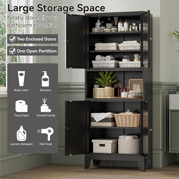 Bevivog Tall Pantry Cabinet with Microwave Shelf, 69" Metal Storage Cabinet with 4 Doors and Adjustable Shelves,Freestanding Metal Kitchen Hutch Cabinet, Black Pantry Closet Storage Shelves with Doors