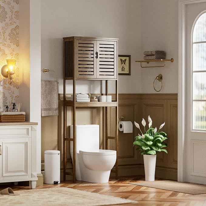 SMIBUY Bathroom Storage Shelf with Cabinet, Bamboo Over-The-Toilet Organizer Rack, Freestanding Toilet Space Saver with 3-Tier Adjustable Shelves (Walnut)