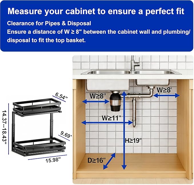 Under Sink Organizer, Dual-Rail Ball-Bearing, Under Kitchen Sink Organizer, 6-Level Adjustable, Under Cabinet Organizer, No-Drill Adhesive/Suction, Under Sink Storage (Black, Double Layer - 1 Pack)
