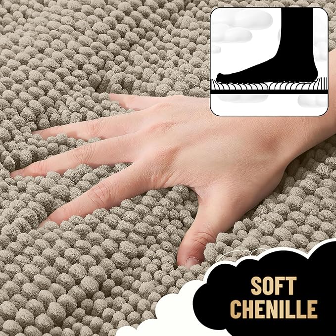 OLANLY Thick Bathroom Runner Rugs 44x24, Extra Absorbent Chenille Striped Bath Rugs, Rubber Backing, Machine Wash Dry, Long Bath Mats for Bathroom, Tub and Shower, Home Decor Accessories, Warm Taupe