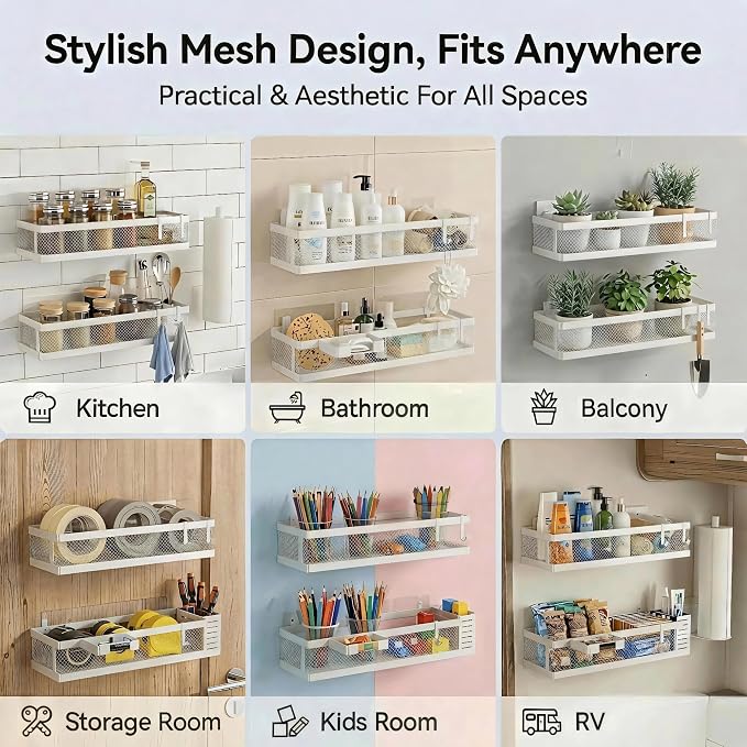 PUSDON 5-in-1 16.5" Extra Long Slim Wall Mount Wrapped Mesh Kitchen Organizer & Shower Caddy Kit, with Paper Towel Holder, Utensil Holder, Soap Dish, Holds 50LBS - White, Netting