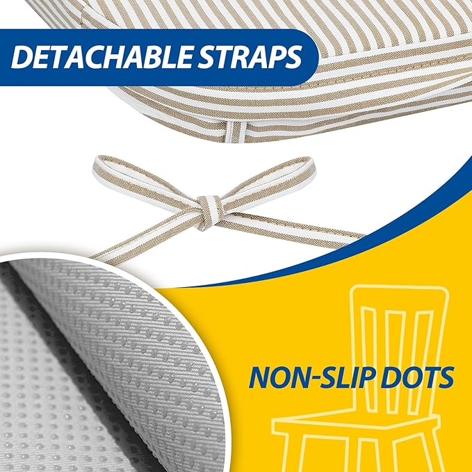 AAAAAcessories D-Shaped Chair Cushions, 2" Thick Dining Chair Pads with Ties and Removable, Machine-Washable Cover, 17" x 16", Natural Sand Pinstripe