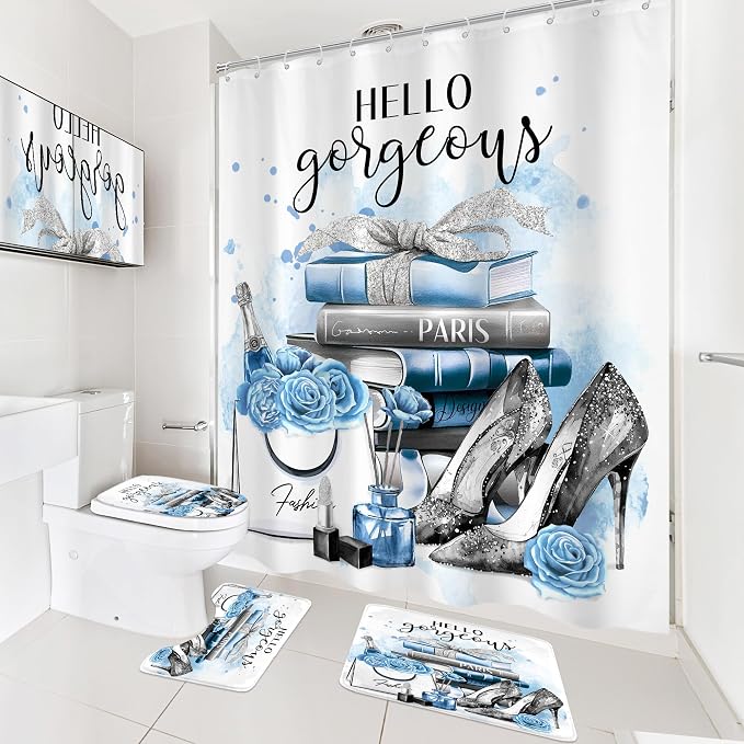4Pcs Girly Blue Shower Curtain Set, Silver Grey Fashion Women Bathroom Curtain with Rug, Toilet Lid Cover, Bath Mat, Flower Perfume Black White Striped High Heels Shower Curtain with 12 Hooks