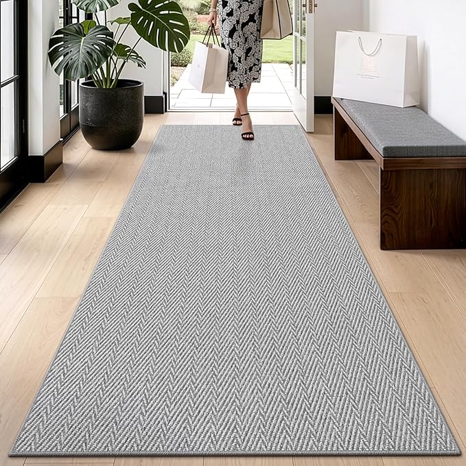 LUMI Ultra Thin Runner Rug for Hallway 2'x6', Non-Slip Entryway Rug with Rubber Backing, Unique Herringbone Design for Hallway, Entry, Kitchen, Patio, Gray