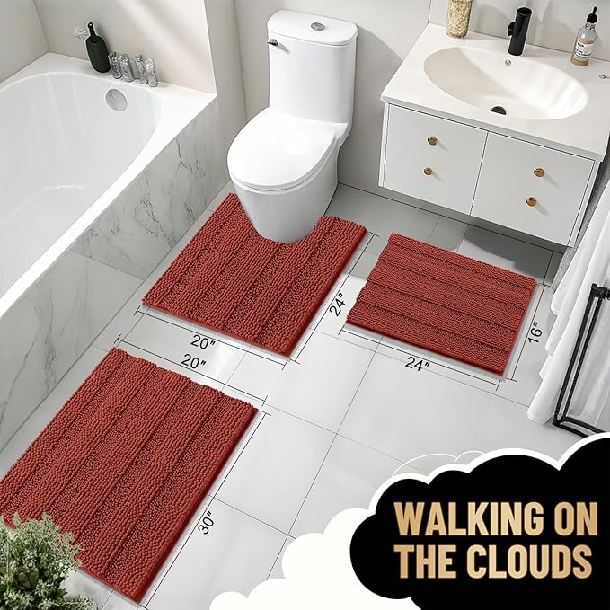 OLANLY Thick Bathroom Runner Rugs 44x24, Absorbent Chenille Striped Bath Rugs, Rubber Backing, Machine Wash, Long Bath Mats for Bathroom, Tub and Shower, Home Decor Accessories, Rustic Terracotta