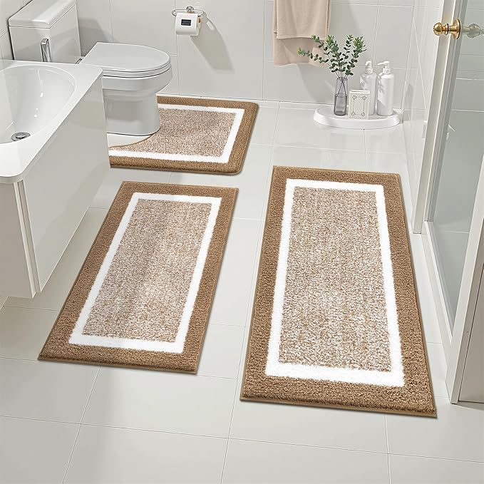 Pauwer Bathroom Rugs Sets 3 Piece Bathroom Shower Rugs with U-Shaped Contour Toilet Mat Absorbent Microfiber Plush Non Slip Bath Mats Machine Washable Shaggy Bath Floor Mats, Khaki