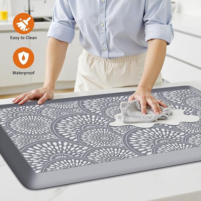 Mattitude Kitchen Mat, 17.3x28in Heavy Duty Ergonomic Comfort Foam Standing Desk Mat, Waterproof Non-Slip Standing Mats and Rugs for Kitchen, Office, Laundry, Grey