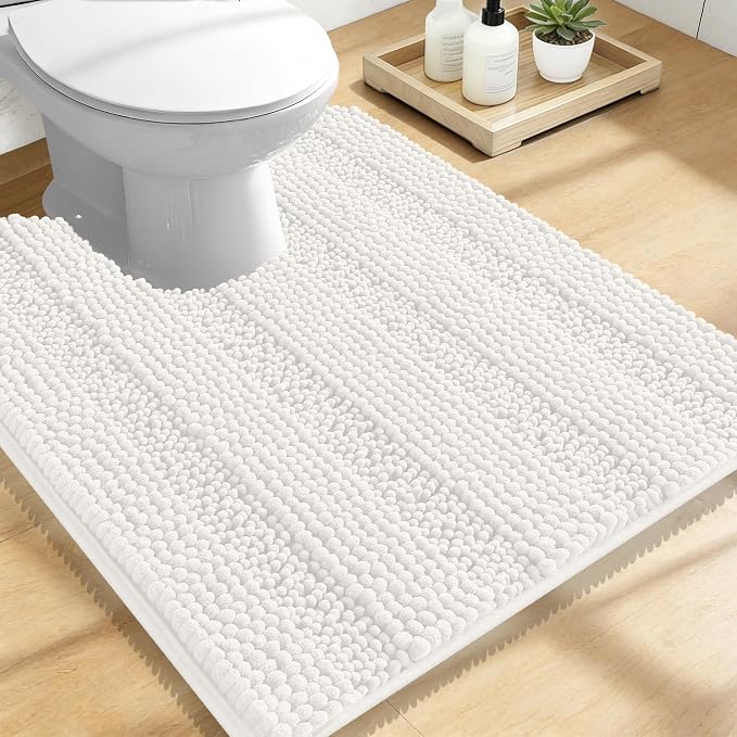 OLANLY Thick Toilet Rugs U-Shaped 24x20, Extra Soft Absorbent Chenille Striped Contour Bathroom Rugs for Toilet, Dry Quickly, Machine Washable, Non-Slip Bath Mat, Ivory