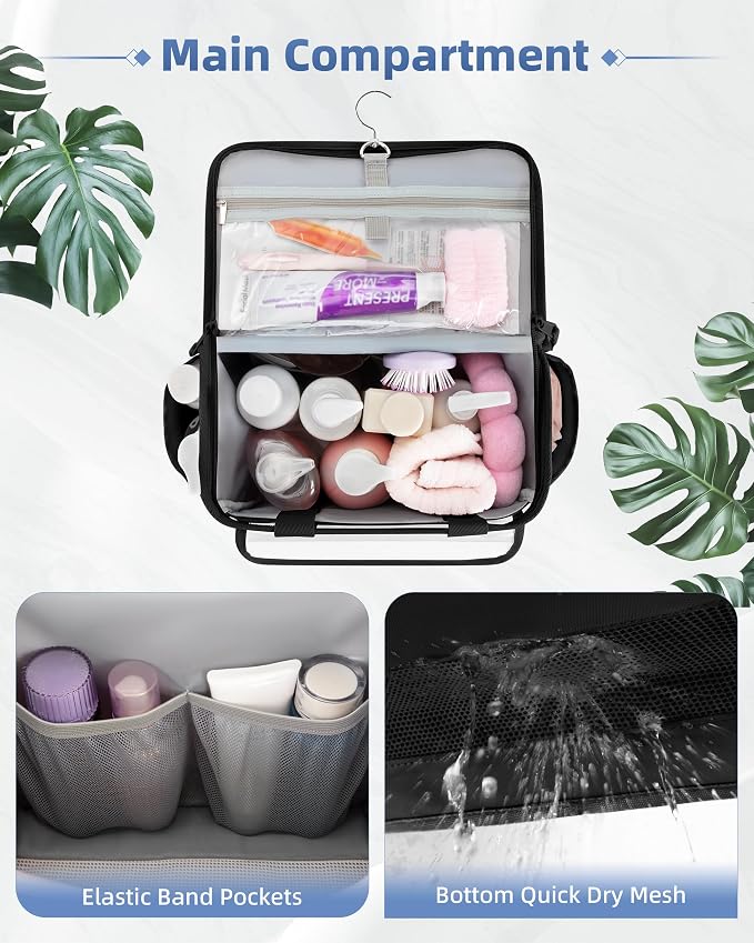Marscamd Hanging Shower Caddy Organizer Bag for Travel with Hanging Hook, Quick Dry Mesh Bathroom Caddy Toiletry Bag with Handle for College, Dorm, Gym, Camping, Black