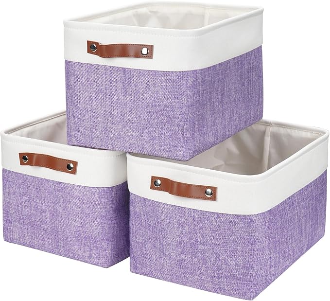 Bagnizer Storage Bins Large Fabric Storage Baskets for Shelves 3 Pack, Decorative Linen Closet Baskets with Handles for Organizing, Shelf, Clothes, Home, Office, 15x11x9.5Inches (Purple&White)