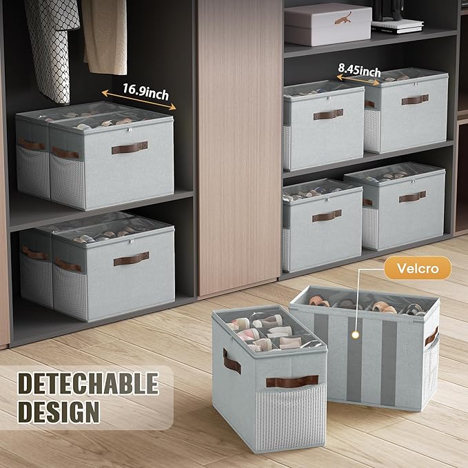 Budding Joy 2 Pack Shoe Organizer for Closet, Clear Foldable Shoe Storage Containers Adjustable Dividers Fits 16 Pairs,Shoe Storage Bins Baskets Boxes with Reinforced Handles Light grey