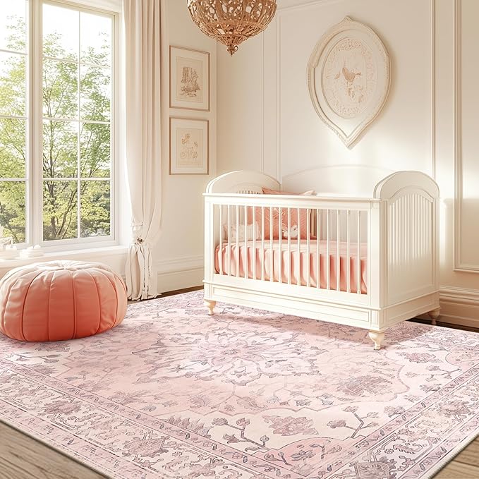 RELEANY Area Rugs 6'x8' Washable Non-Slip, Floral Vintage Distress Medallion Carpet for Living Room Bedroom Dining Room, Pink Greypink Cute