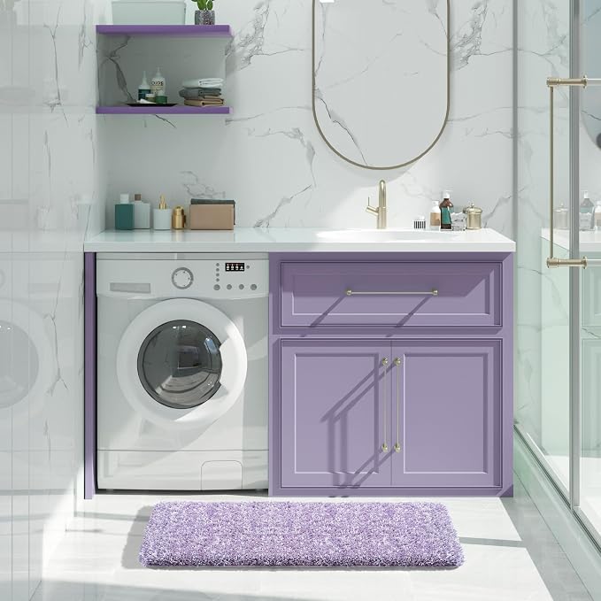 Yimobra Bathroom Rugs Non Slip Washable 36X24, Ultra Soft and Water Absorbent Bath Mats, Plush Fluffy Shower Mat Outside, Luxury Microfiber Thick Matts for Bathroom Floor/Tub, Purple and White