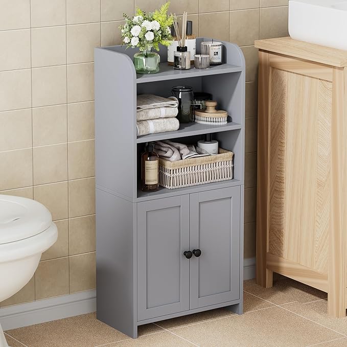 Homhedy Small Bathroom Storage Cabinet, Freestanding Toilet Paper Storage with 2 Doors and Shelves, Bathroom Organizers and Storage for Small Spaces, Laundry Room, 7.9" D x 14.6" W x 31" H, Gray