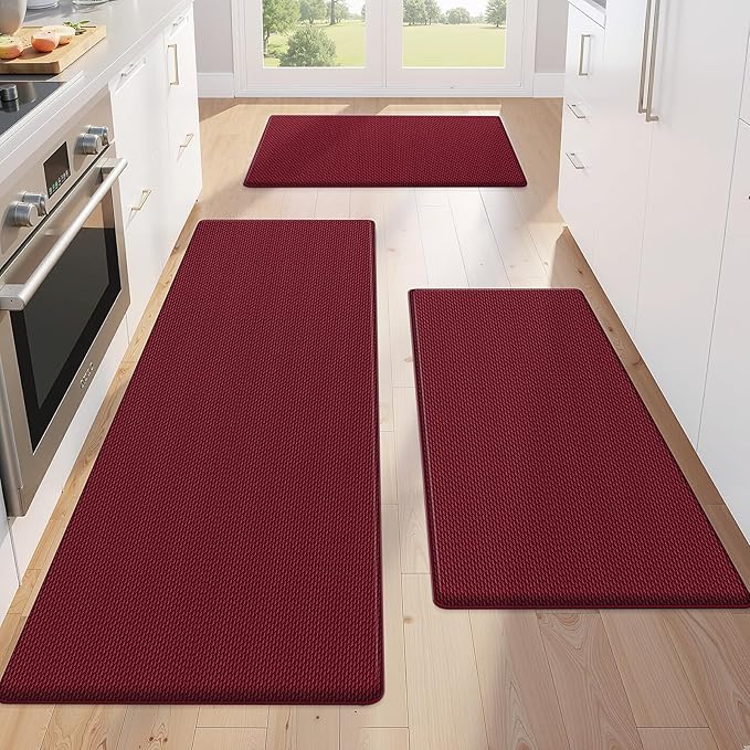 KitchenClouds Kitchen Mats for Floor,3PCS Kitchen Rugs,Non Slip Anti Fatigue Mats for Kitchen Floor,Waterproof Sink Mat,Cushioned Standing and Comfort Mats for Office,Red