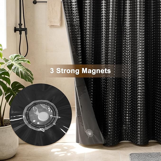 Barossa Design Black Stall Size Shower Curtain Liner 36" W x 72" H - Waterproof PEVA Plastic Shower Liner for Small Bathroom Stall, Lightweight, 3 Magnets & Metal Grommets - Dimensional Black, 36x72