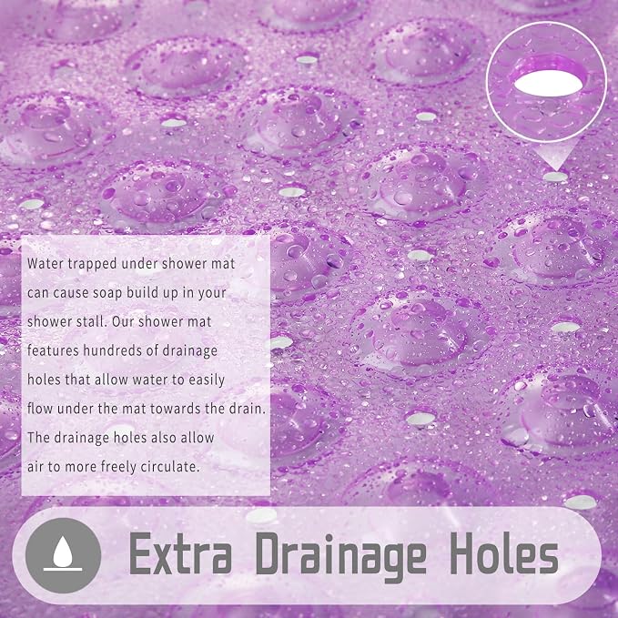 Yimobra Shower Stall Mat Non Slip, 21x21 Inch, Soft Square Bath Mat for Shower with Suction Cups and Drain Holes, Stall Floor Mats for Bathroom, Machine Washable, Bathroom Accessories, Clear Purple