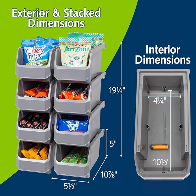ReadySpace Plastic Containers for Organizing and Storage Bins for Closet, Kitchen, Office, Garage or Pantry Organization, Stackable Bins, Medium (11" x 5" x 5.5"), 8-Pack, Grey