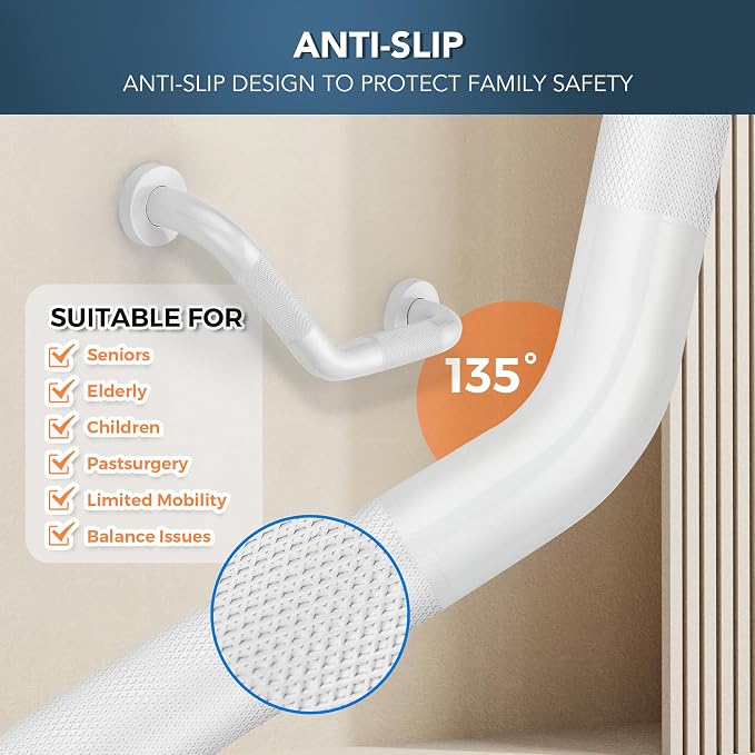 Grab Bars for Bathtubs and Showers- 1-1/4 x 16 Angled Shower Grab Bar for Seniors Knurled Stainless Steel Handicap Grab Bars for Wall (White, 1 Pack)