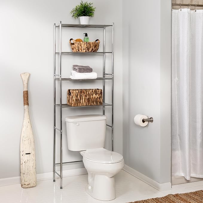 Honey-Can-Do 4-Tier Over-The-Toilet Storage Shelf - Space-Saving Steel Bathroom Restroom Organizer with Neutral Chrome Finish, Ideal for Towels, Toiletries, & Essentials - 24"W x 68"H x 11"D