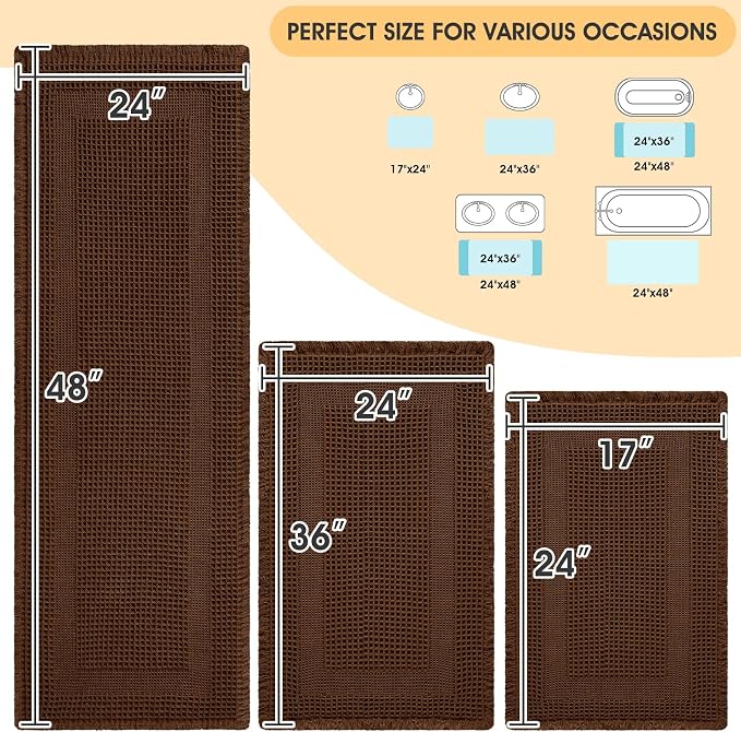 IM HOME Waffle Bath Mat Set 3 Piece, Boho Woven Modern Bath Rug Absorbent Non Slip, Soft Bathroom Mats, Machine Washable Knit Bath Rugs with Tassels for Bathroom, Bedroom, Kitchen, Shower, Tub, Brown