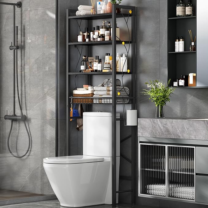 Over-The-Toilet Storage Rack, 4-Tier Bathroom Organizer Shelf Over Toilet with Adjustable Shelf and Basket, Freestanding Space Saver Bathroom Shelves Above Toilet for Room (Pure Black)