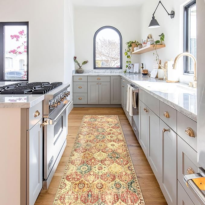 Lahome Moroccan Hallway Rug, 2'5''x8' Kitchen Runner Rugs Non Skid Washable Runners for Hallways, Ultra-Thin Oriental Carpet for Entryway Laundry Room Bedroom Bathroom Elise, Red/Orange