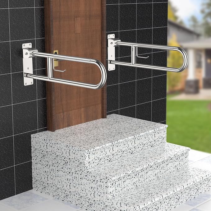 Toilet Grab Bar 32 Inch Chrome, Munzong Anti-Slip Handicap Grab Bars with Paper Holder, Flip-Up Bathroom Safety Rails, Stainless Steel Knurled Support handrails for Seniors Elderly Disabled Pregnant