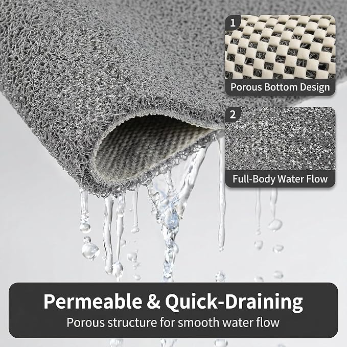 Shower Mat Non Slip, 16 x 24 Inch, Grey Shower Mats for Inside Shower, Soft PVC Loofah Bath Mats for Tub, Quick Drying Easy Cleaning Bathroom Stall Floor Mat Without Suction Cup