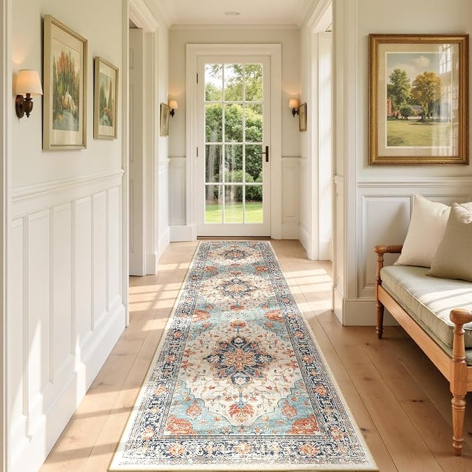 RELEANY Area Rugs Runner 3'x9' Washable Non-Slip, Floral Vintage Distress Medallion Carpet for Kitchen Hallway Bedroom Beside Laundry Room Bathroom, Beige Navy Blue Orange Colorful