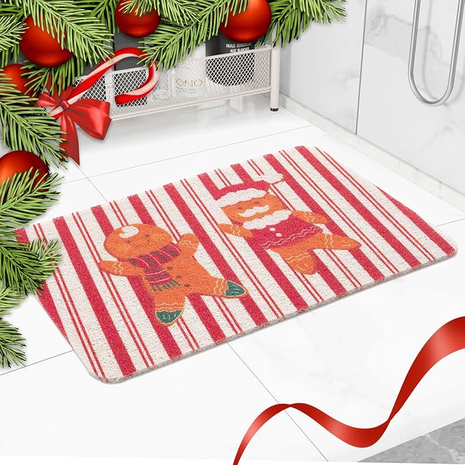 Hargiis Christmas Non-Slip Bathtub Mat, Anti Slip Shower Mat, Fast Drying Bathtub Mats, Foot Scrubber Mat, Anti Slip Mat for Tub, Floor, Bathroom, Kitchen, Home, Hotel (Gingerbread Santa, 24"x16")