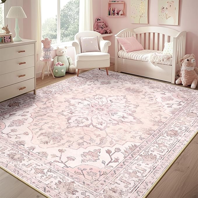RELEANY Area Rugs 6'x9' Washable Non-Slip, Floral Vintage Distress Medallion Carpet for Living Room Bedroom Dining Room, Pink Greypink Cute