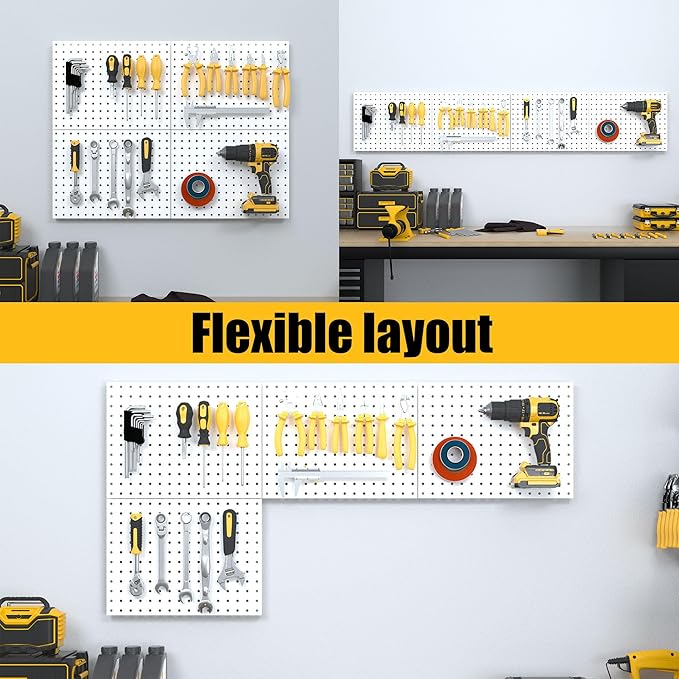 Spampur Peg Board, 4 Pack Metal Pegboard Panels with 50 Hooks, White Pegboards Wall Organizer, Heavy Duty Peg Board for Walls Home, Garage Tool Storage, Office Organization, Craft Room, Kitchen