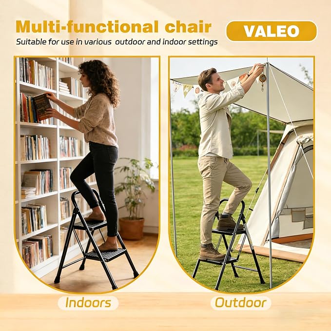 Valeo 2 Step Ladder, Step Stool with Wide Anti-Slip Pedal, 330 lbs Capacity,Step Ladder Folding Step Stool for Adults, Lightweight Steel Portable ladders for Home Kitchen & Office,Black