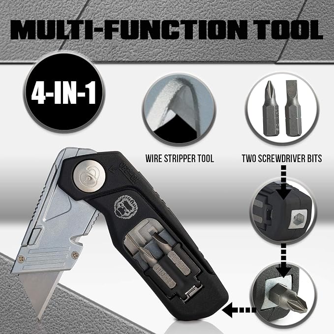 Folding Utility Knife & Box Cutter Combo with Screwdriver Bits, Wire Stripper, Quick-Change Blades, Belt Clip & Refills - Versatile Everyday Carry Tool