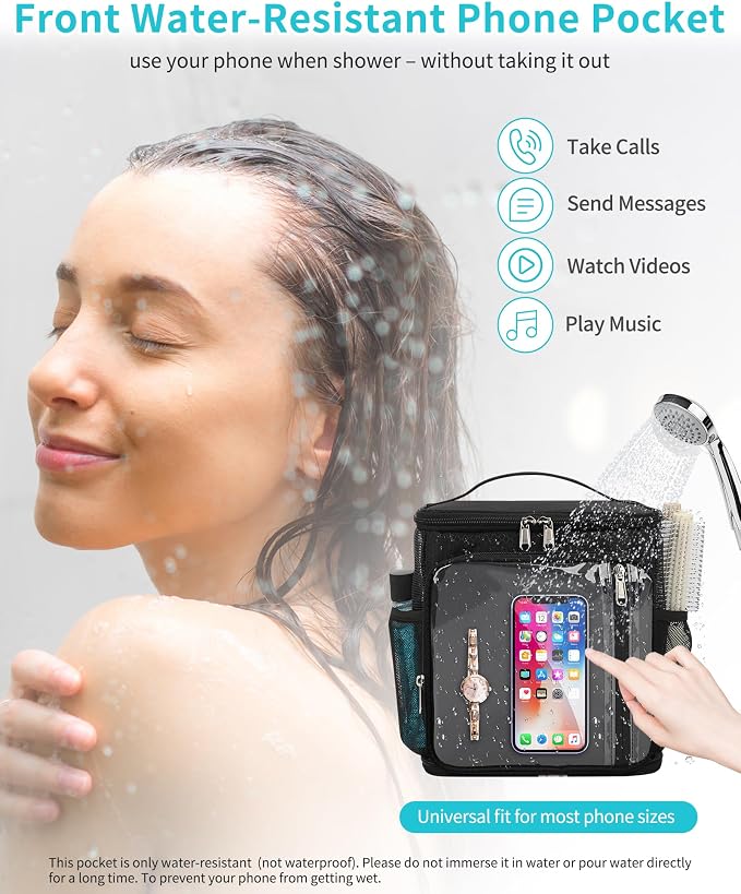 CUBETASTIC Hanging Shower Caddy Portable Bag - Quick Dry Shower Tote for Dorm College Essentials, Water-Resistant Travel Toiletry Bag with Separate Compartment & Multiple Pockets (Black, M)