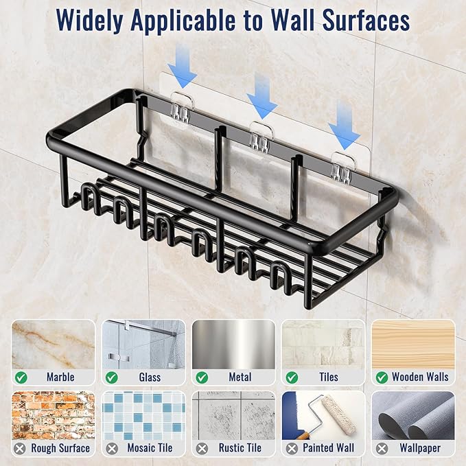8 Pack Adhesive Rustproof Shower Caddy with Soap Dishes, Toothbrush Holder & Hooks, Large Capacity No-Drilling Shower Shelves Rack for Bathroom Organizers and Storage Accessories, Black
