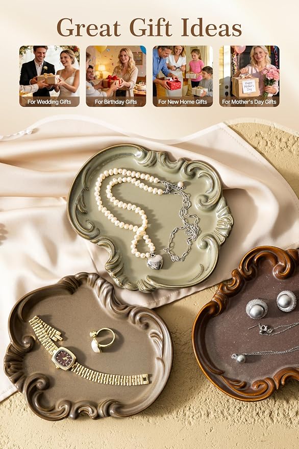 LYEOBOH Jewelry Dish Tray, Ceramic Jewelry Dish, Key Bowl, Decorative Plate, Gifts for Women Best Friend Sister, Retro, Vintage, on Mother's Day, Valentine's Day Christmas, Wedding Gifts, Brown