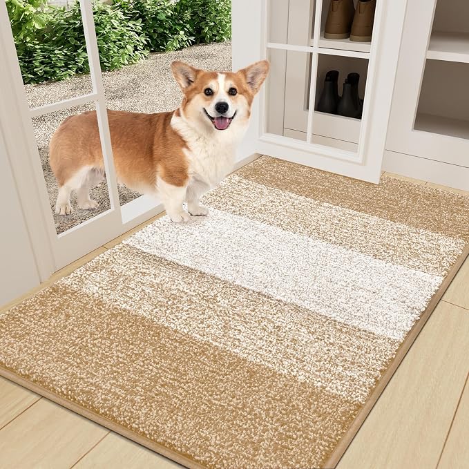 Smiry Dog Door Mat for Muddy Paws, Absorbs Moisture and Dirt, Low-Profile Entryway Mat with Non-Slip Backing, Entry Indoor Outdoor Doormat for Inside Floor (36x24 Inches, Beige, Striped)